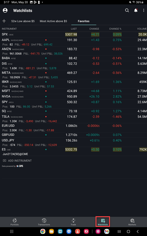 The watchlist on Android Tablet